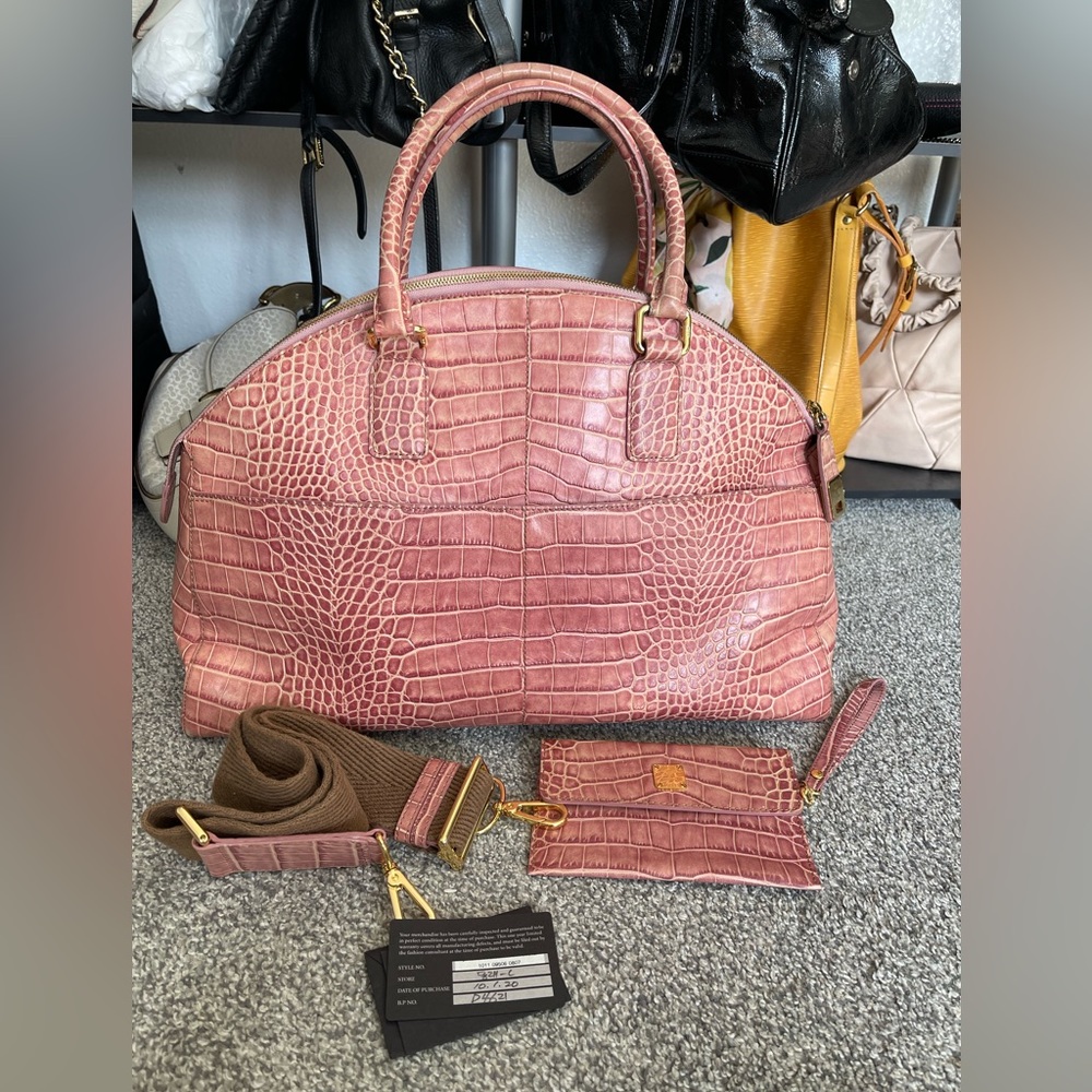 MCM Rare Powder Pink Croc-Embossed Leather Dome Satchel with crossbody strap